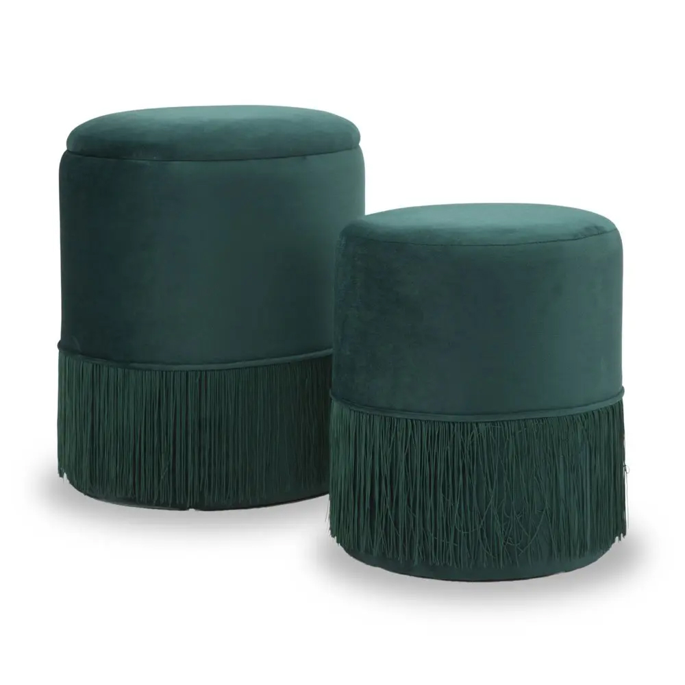 Pouf Frange Velluto Verde Petrolio (Set. 2Pz)