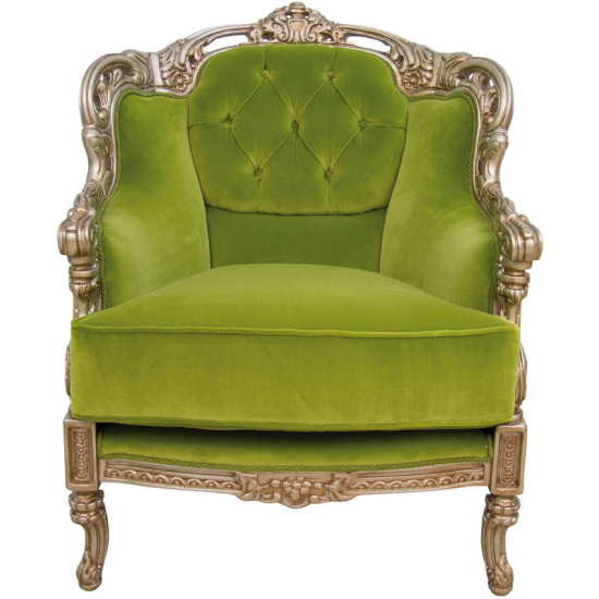 Poltrona a 1 posto mod. Aida in velluto colore verde con legno oro
invecchiato (cm 75x90 h cm 93).
