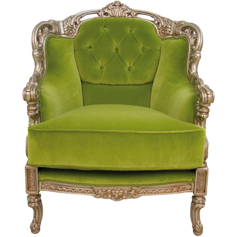 Poltrona a 1 posto mod. Aida in velluto colore verde con legno oro
invecchiato (cm 75x90 h cm 93).