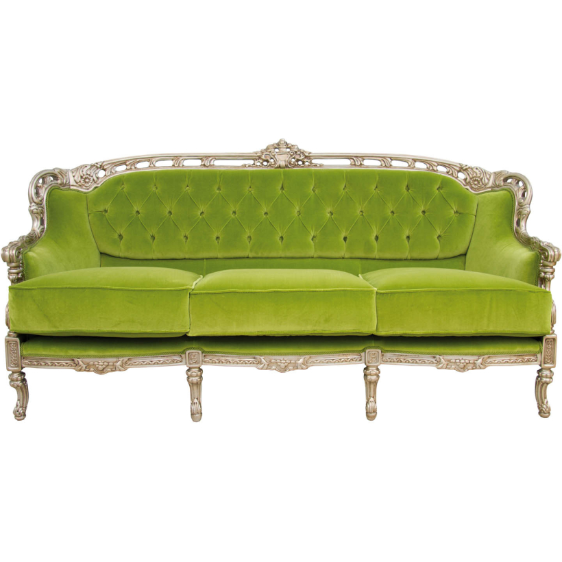 Divano a 3 posti mod. Aida in velluto verde con legno oro invecchiato (cm
198x80 h cm 95).