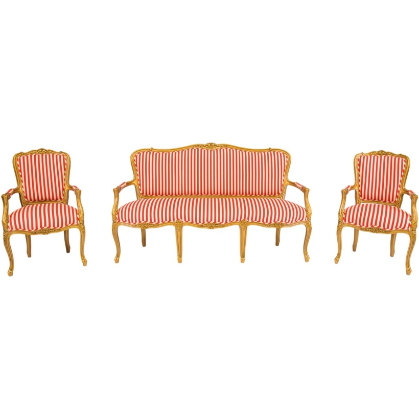 Poltrona a 1 posto modello Puccini in tessuto a strisce bianche e rosse
con legno color oro cm 60x50 altezza cm 93